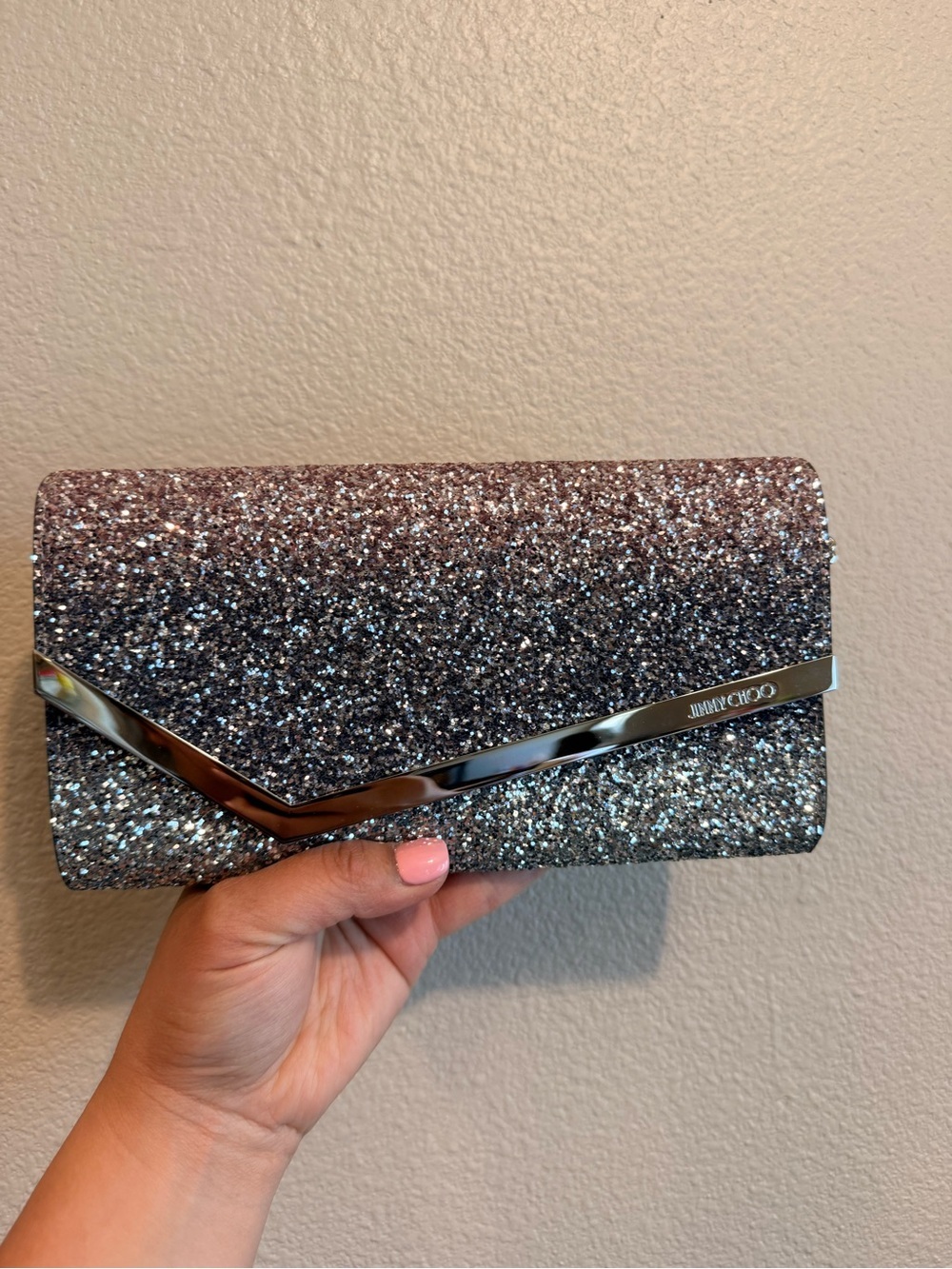Jimmy Choo Emmie Clutch/ Crossbody Bag in Ballet Pink/ Silver/ Anthracite